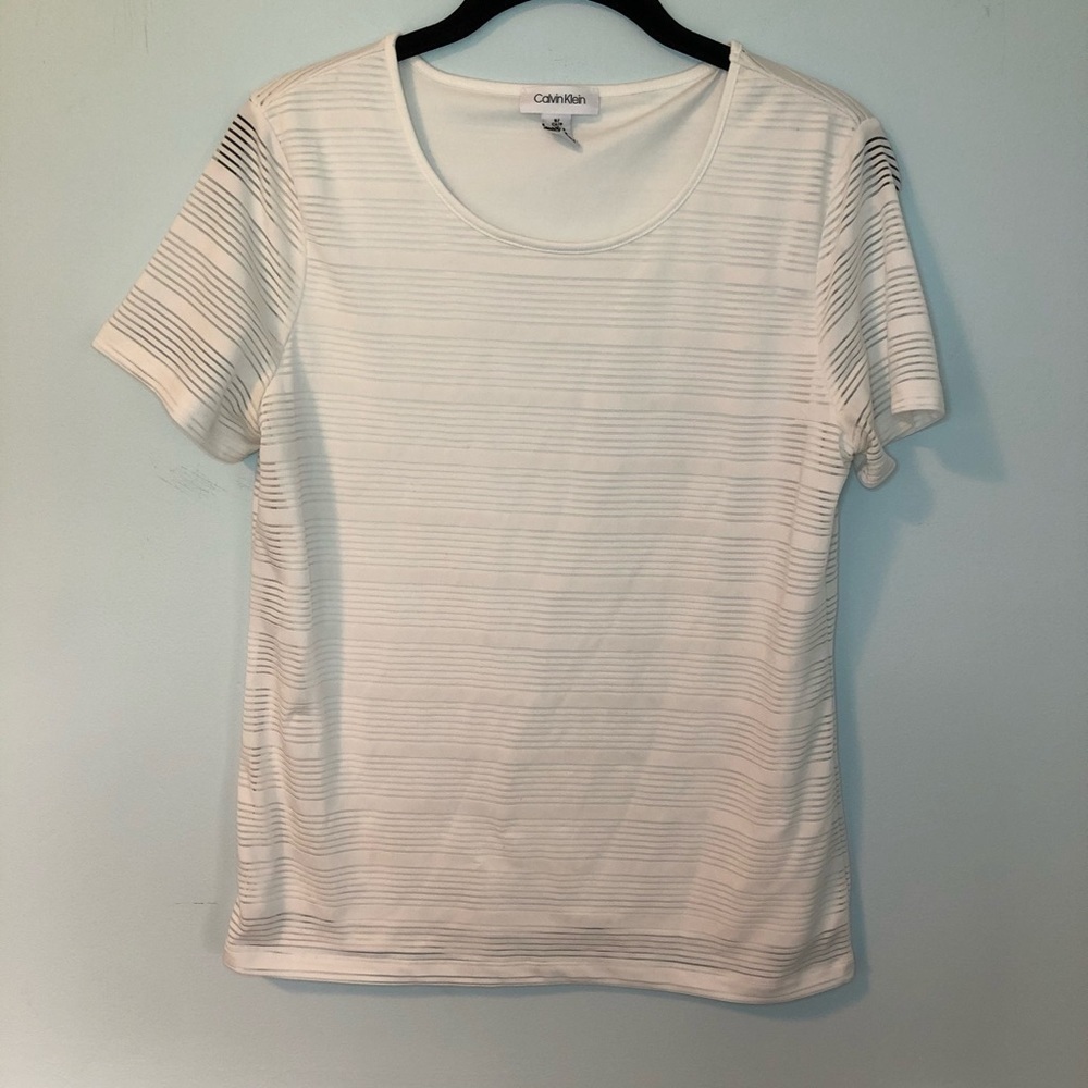Calvin Klein White Striped See Through Short Sleeve Blouse Size Small